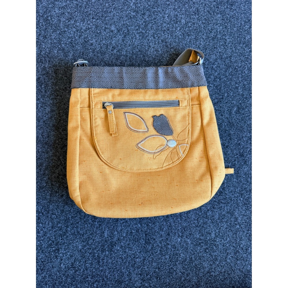 Haiku Mustard Yellow Canvas Crossbody Bag Bird Embroidery RFID Pocket Travel